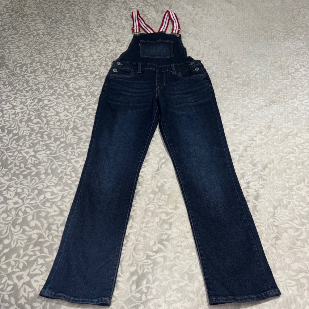 Levis Denim Overalls Kids 14 Dark Blue Striped Straps Straight Leg